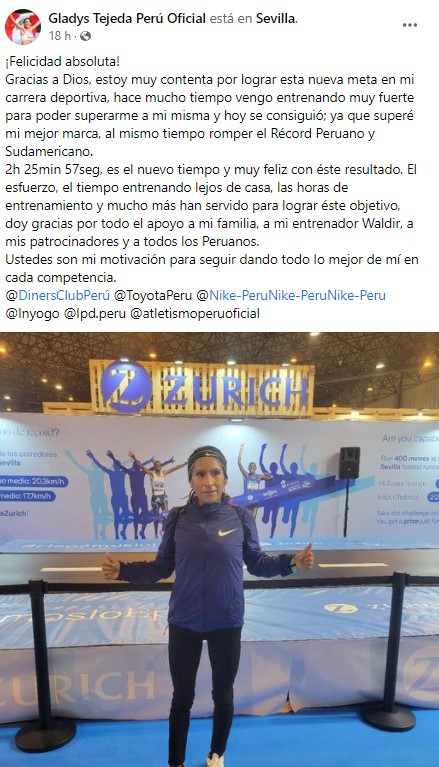 Gladys tejeda establece un nuevo record sudamericano en el maraton