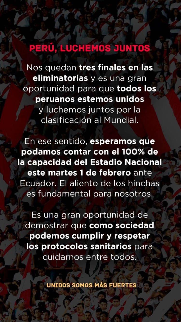 Texto compartido por los jugadores de perú. Foto: instagram jefferson farfán