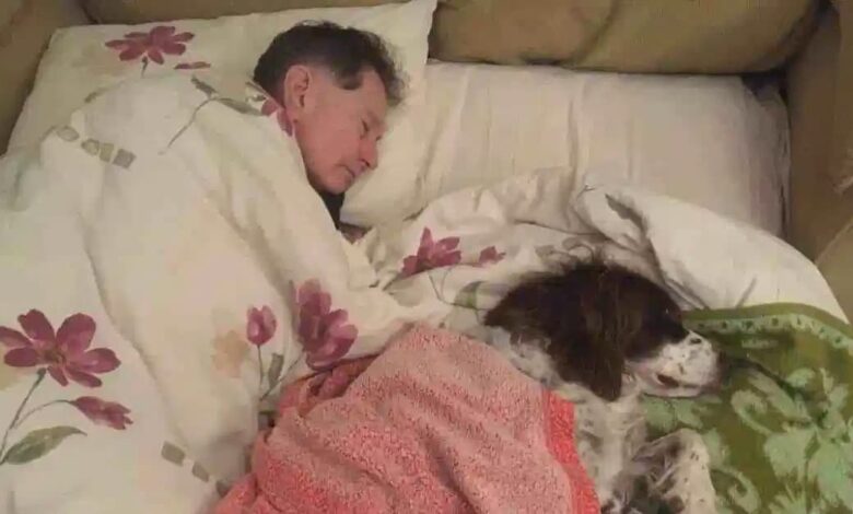 La familia se turna para dormir abajo con un perro