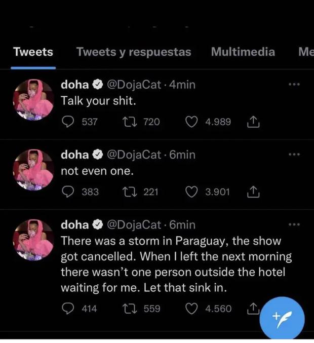 Doja Cat anuncia su retiro de la música tras "pelearse" con sus fans de Paraguay Twitter Famosos RMMN AD 2 Doja Cat pelea con fans de Paraguay. (Foto: Twitter @DojaCat).