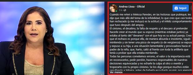 Andrea Llosa vuelve a señalar a Melissa Paredes: "Debemos responsabilizarnos de nuestras decisiones" 2 Andrea Llosa volvió a referirse a Melissa Paredes. (Foto: Captura Facebook).