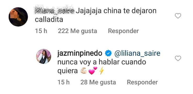 Jazmín Pinedo y su contundente respuesta a un seguidor diciéndole que la dejaron "tranquila". 2 Así reaccionó Jazmín Pinedo a un usuario que les aseguró que los dejarían en paz. (Foto: Captura de IG)