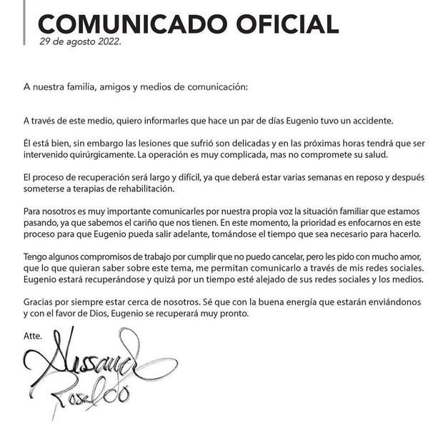El comunicado sobre la salud de Eugenio Derbez (Foto: Alessandra Rosaldo / Instagram)