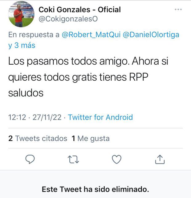 Mundial de Latina: La reacción ofensiva de Coki Gonzáles, Alemania vs. España 2 Coki Gonzales responde a usuarios que criticaron a Latina Televisión por no transmitir todos los partidos del Mundial de Qatar 2022 (@CokigonzalesO).