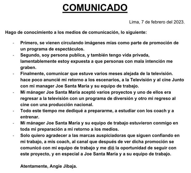 Declaración de Angie Jibaja.  (Foto: @angiejibajacl).