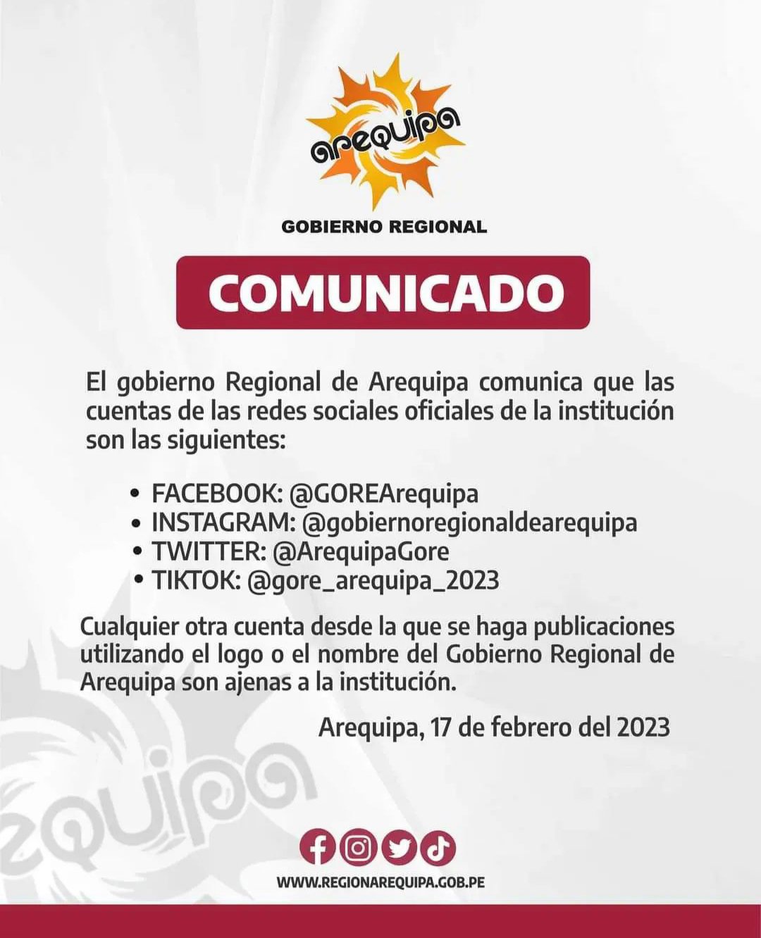 La cuenta oficial del gobierno regional de arequipa ahora es